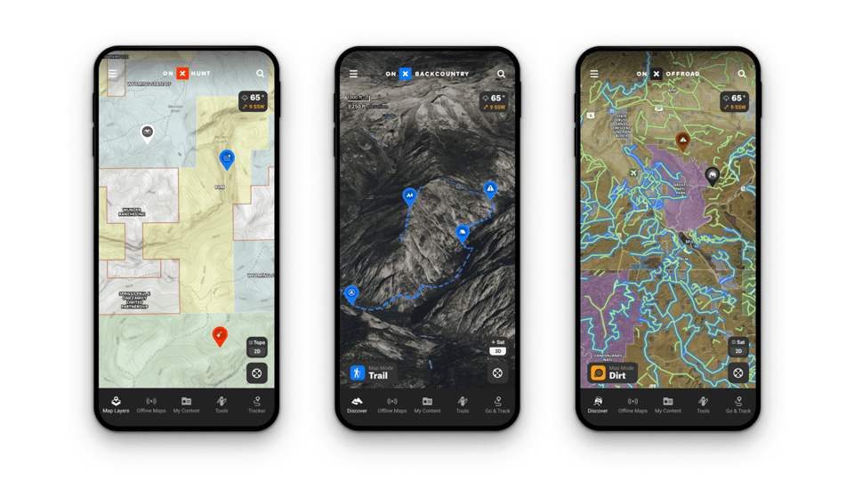 onX app screenshots with different maps categories.